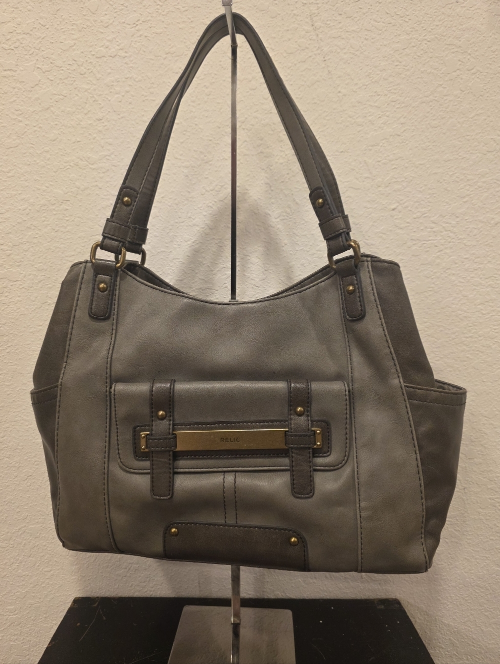 Relic Taupe Faux Leather Shoulder Bag with Gold Plate